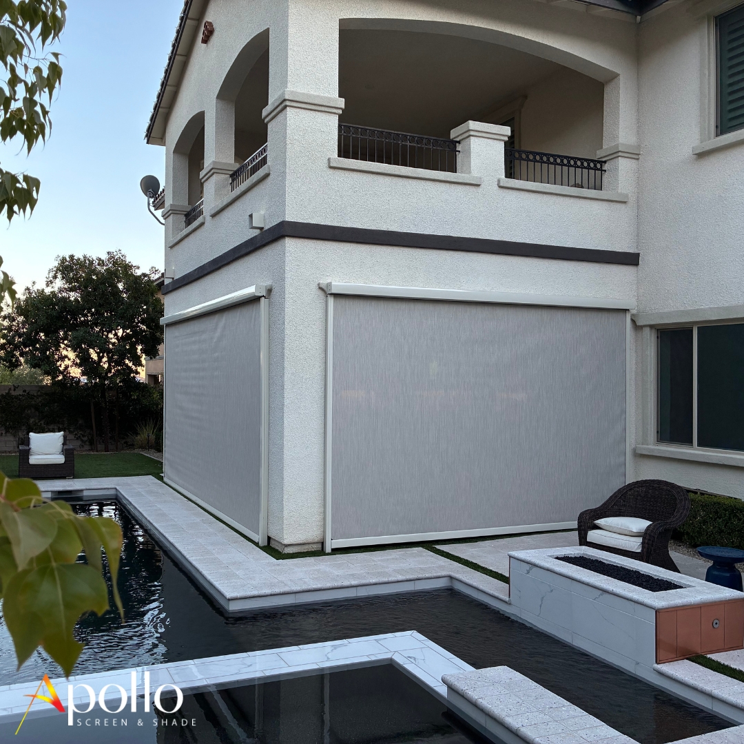 Apollo's Pool Side Patio Motorized Screen Outside View.